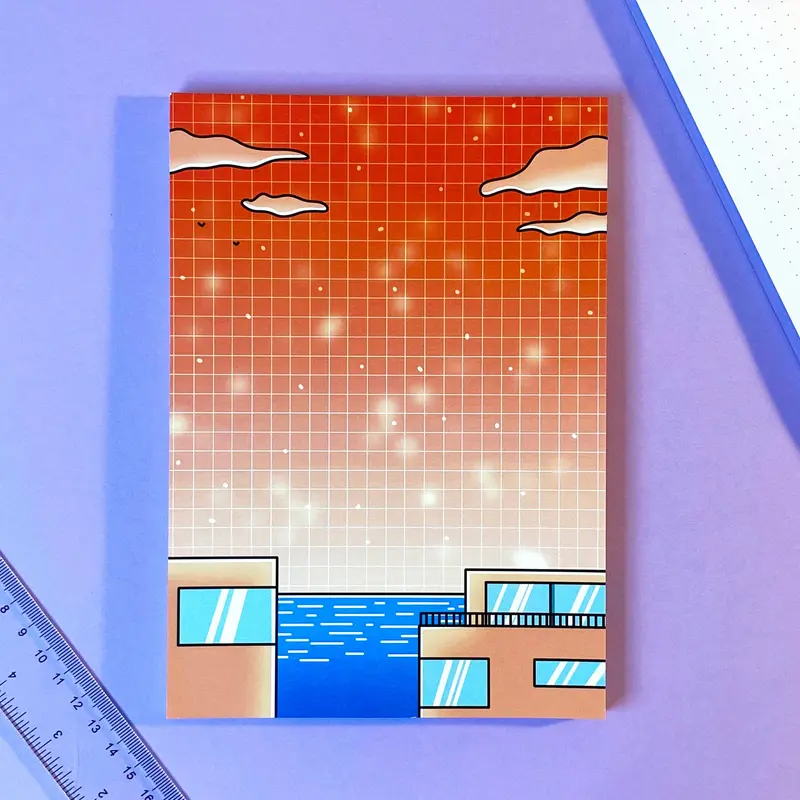 A5 Notepad Hot Summer | Orange Sunset & Villa Ocean View | Vaporwave Dreamscape
