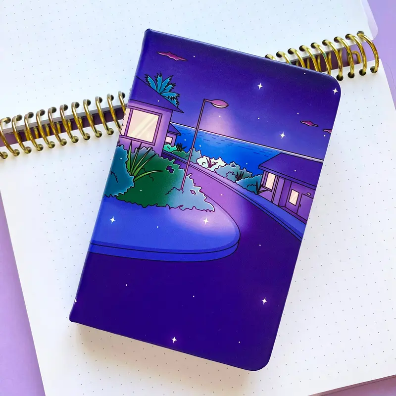 A6 Late Night Notebook - Hardcover, 120 lined pages | Vaporwave Night Illustration | ihoomiArt