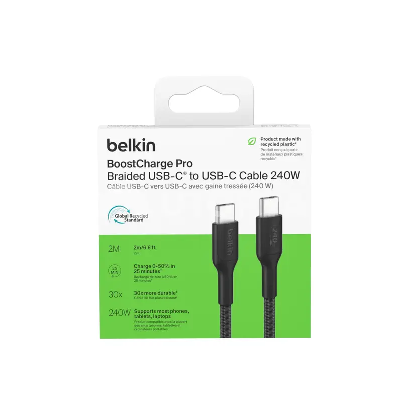 BELKIN Câble Tressé PCR USB-C vers USB-C 240W 2.0 2m (Noir)