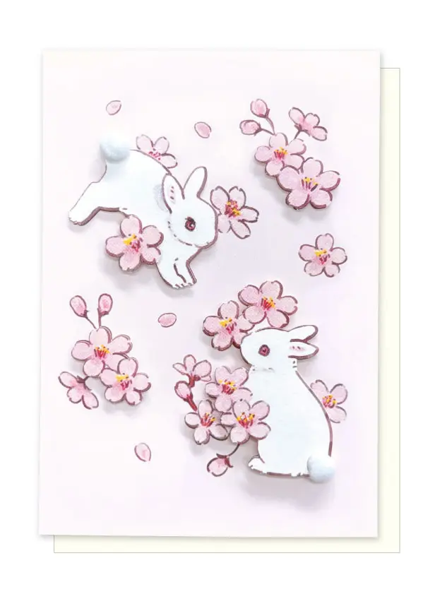 Carte 3D et enveloppe - Lapins blancs et sakura - Schinako Moriyama
