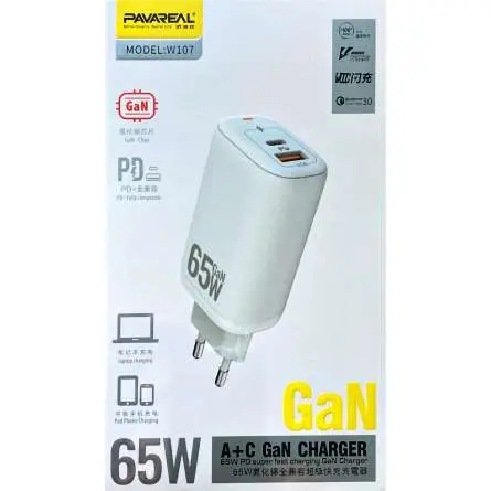 Chargeur Secteur GaN 65W PAVAREAL W107 USB 3.0 + USB-C