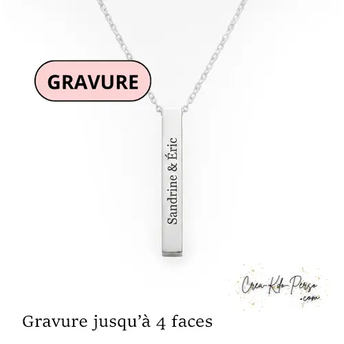 Collier Barre Verticale Personnalisé - Pendentif 4 Faces Gravées en Acier Inoxydable