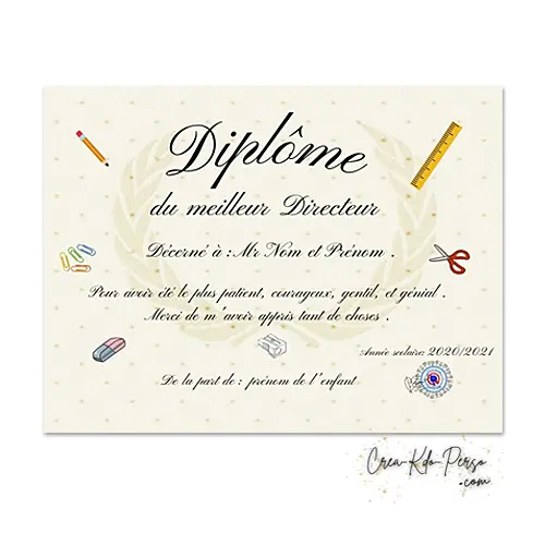 Diplôme meilleur directeur à personnaliser cadeau pour enseignant