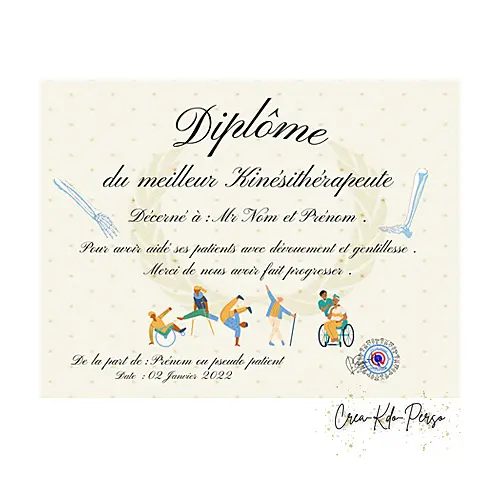 Diplôme Meilleur kiné à personnaliser cadeau pour kinésithérapeute