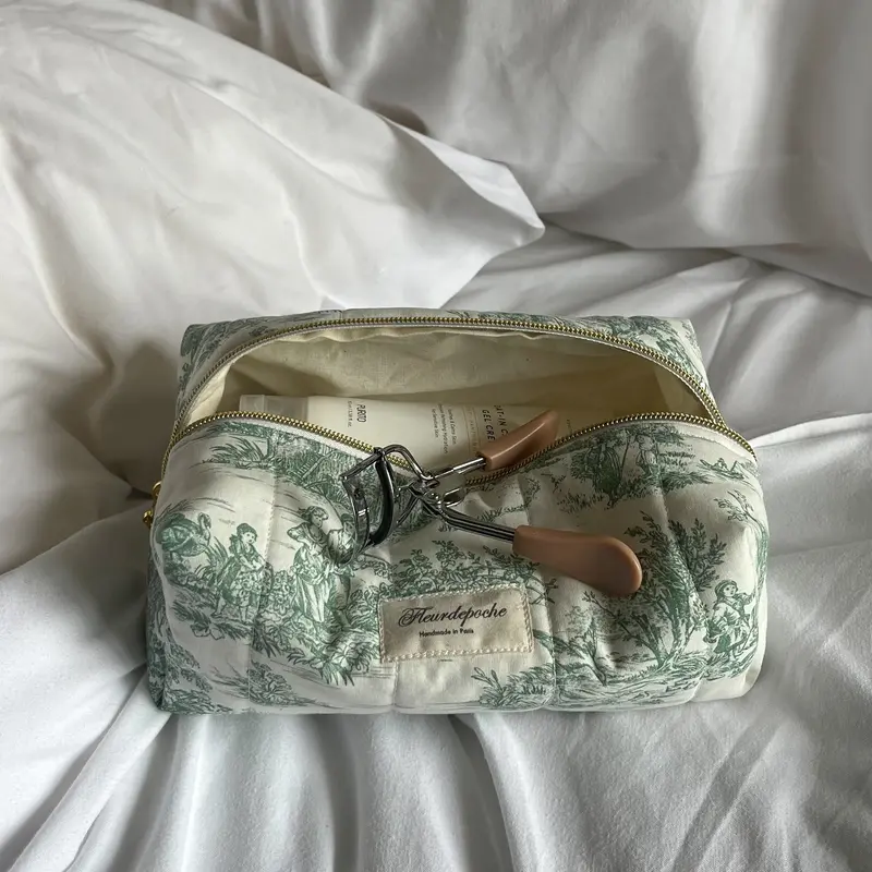 Green Toile de Jouy makeup bag