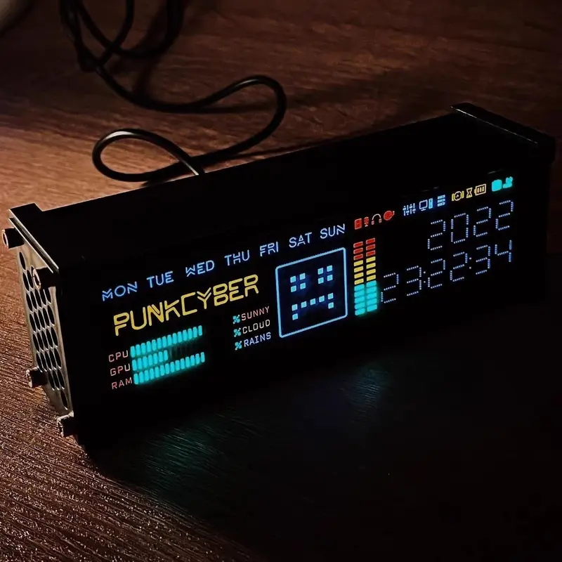 Horloge de bureau PunkCyber WFD — afficheur LED multicolore, heure, date et jour