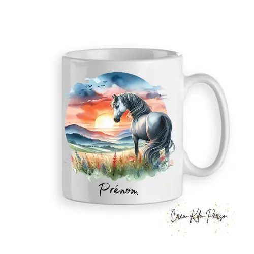 Mug cheval aquarelle coucher de soleil dans la prairie tasse personnalisée prénom