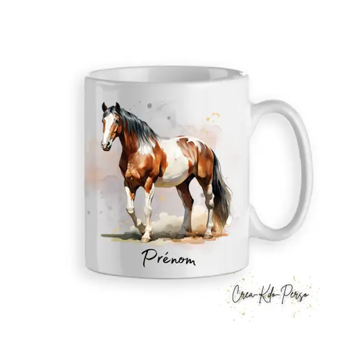 Mug cheval marron et blanc aquarelle coucher de soleil tasse personnalisée prénom