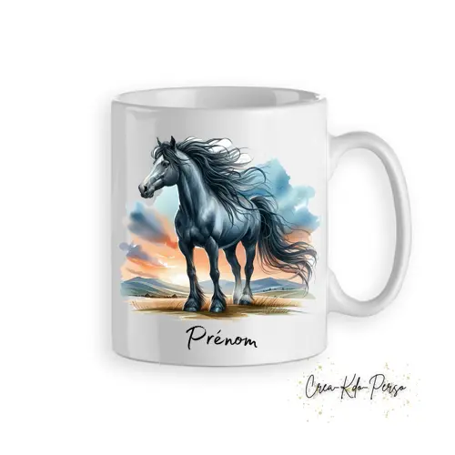 Mug cheval noir aquarelle coucher de soleil tasse personnalisée prénom