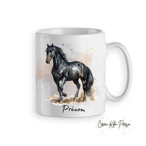 Mug cheval noir majestueux aquarelle tasse personnalisée prénom