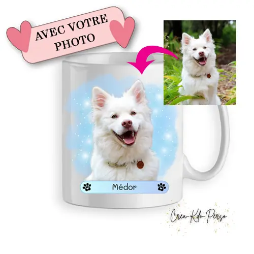 Mug chien chiot personnalisé avec photo et nom de l'animal de compagnie version bleu