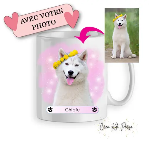 Mug chien chiot personnalisé avec photo et nom de l'animal de compagnie version rose