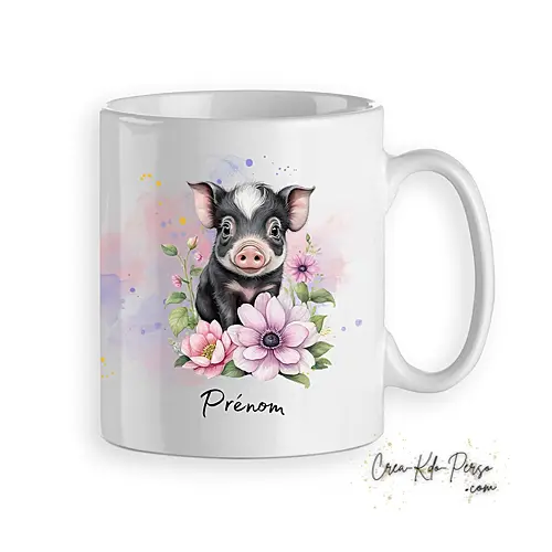 Mug cochon noir et rose mignon décoration florale personnalisable prénom