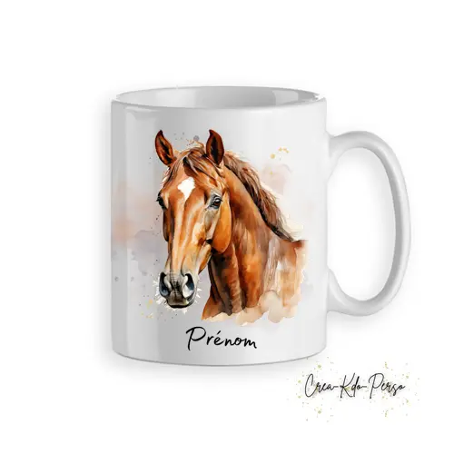 Mug portrait cheval marron aquarelle tasse personnalisée prénom