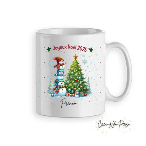 Mug tasse cadeau Noël bonhomme de neige avec sapin personnalisé