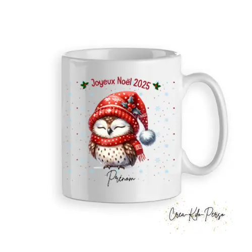 Mug tasse cadeau Noël chouette avec écharpe rouge personnalisé