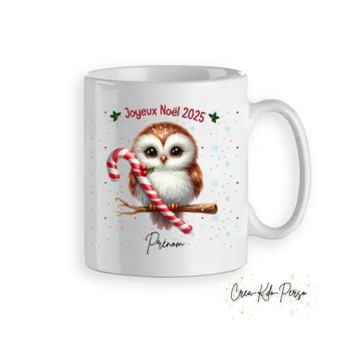 Mug tasse cadeau Noël chouette avec un sucre d'orge personnalisé