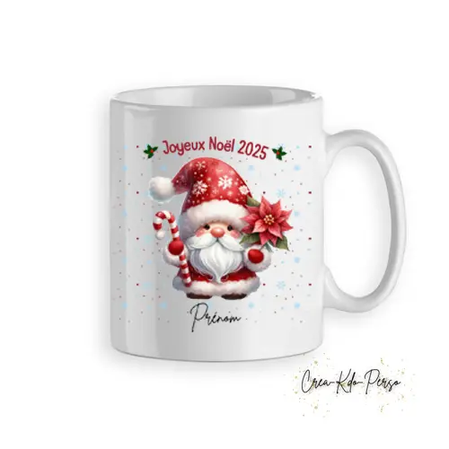 Mug tasse cadeau Noël gnome avec une fleur rouge personnalisé