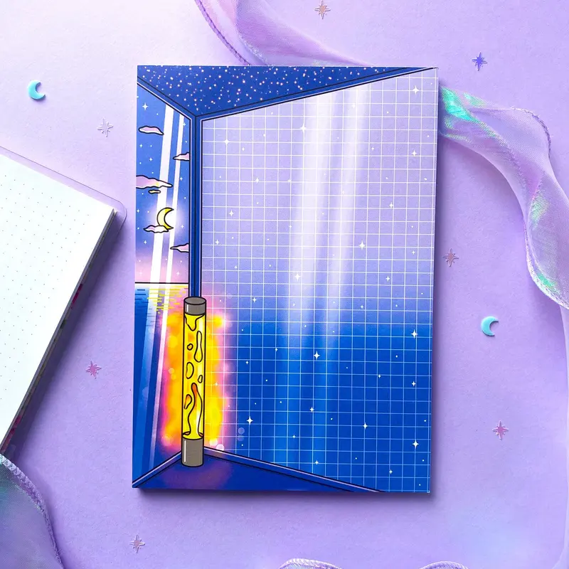 Night Aesthetic A5 Notepad | Bedroom, lava lamp light, moon and night ocean view | Vaporwave vibes
