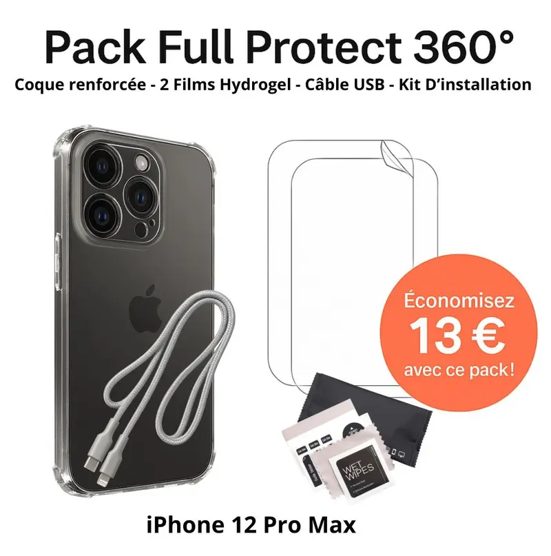 Pack Full Protect 360° – iPhone 12 Pro Max (Coque Renforcée + 2 Films Hydrogel + Câble + Kit d'Installation)