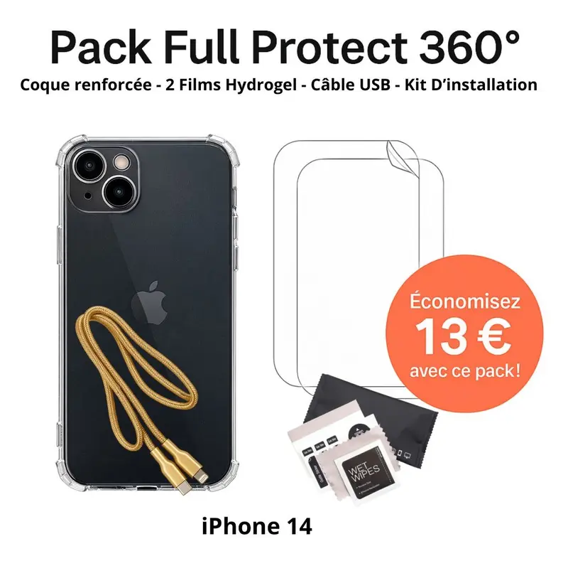 Pack Full Protect 360° – iPhone 14 (Coque Renforcée + 2 Films Hydrogel + Câble + Kit d'Installation)
