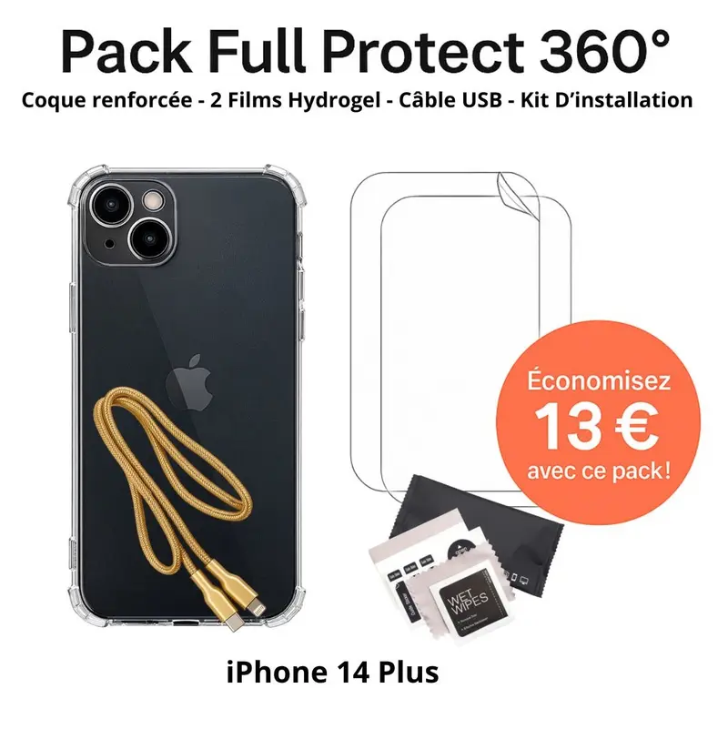 Pack Full Protect 360° – iPhone 14 Plus (Coque Renforcée + 2 Films Hydrogel + Câble + Kit d'Installation)