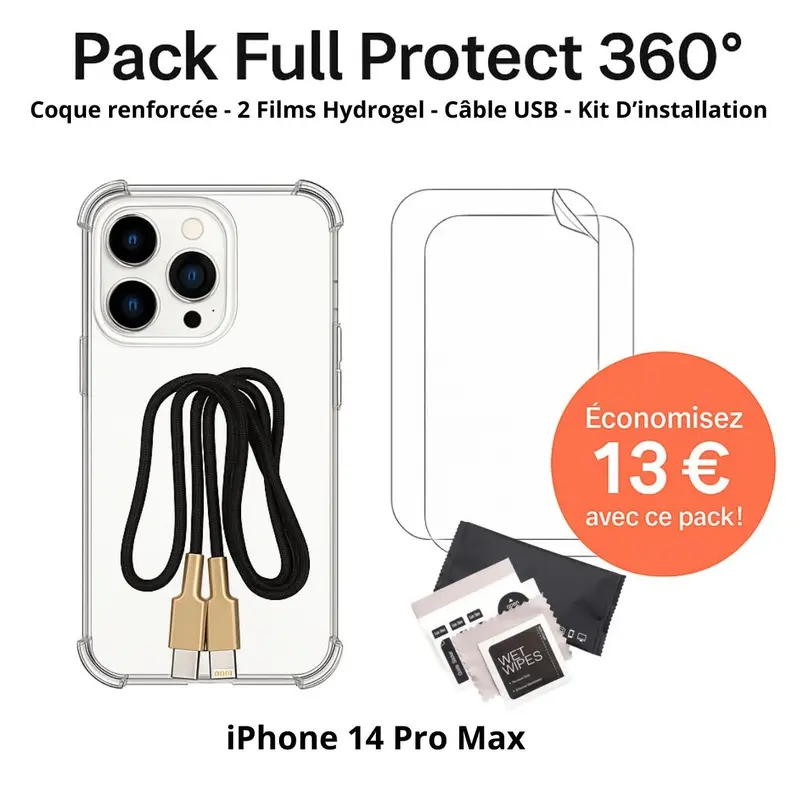 Pack Full Protect 360° – iPhone 14 Pro Max (Coque Renforcée + 2 Films Hydrogel + Câble + Kit d'Installation)