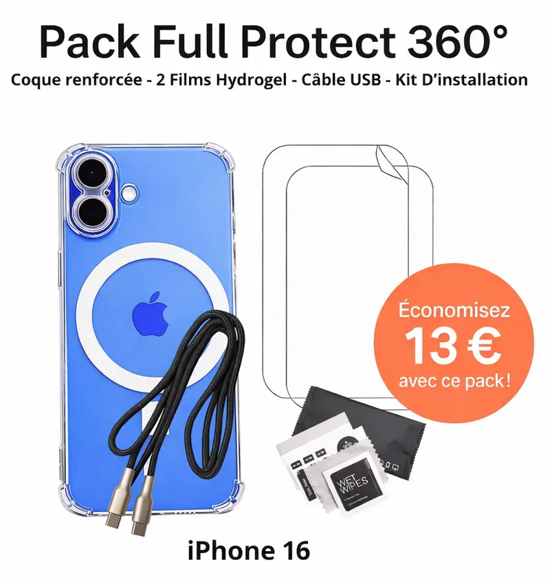 Pack Full Protect 360° – iPhone 16 (Coque Renforcée + 2 Films Hydrogel + Câble + Kit d'Installation)