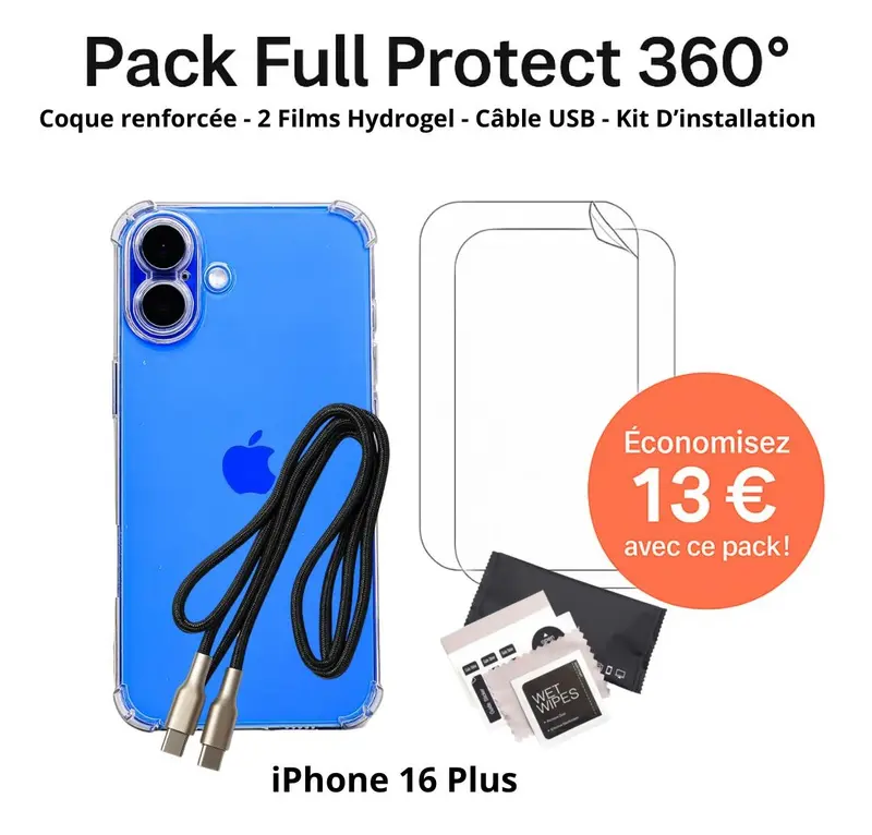 Pack Full Protect 360° – iPhone 16 Plus (Coque Renforcée + 2 Films Hydrogel + Câble + Kit d'Installation)