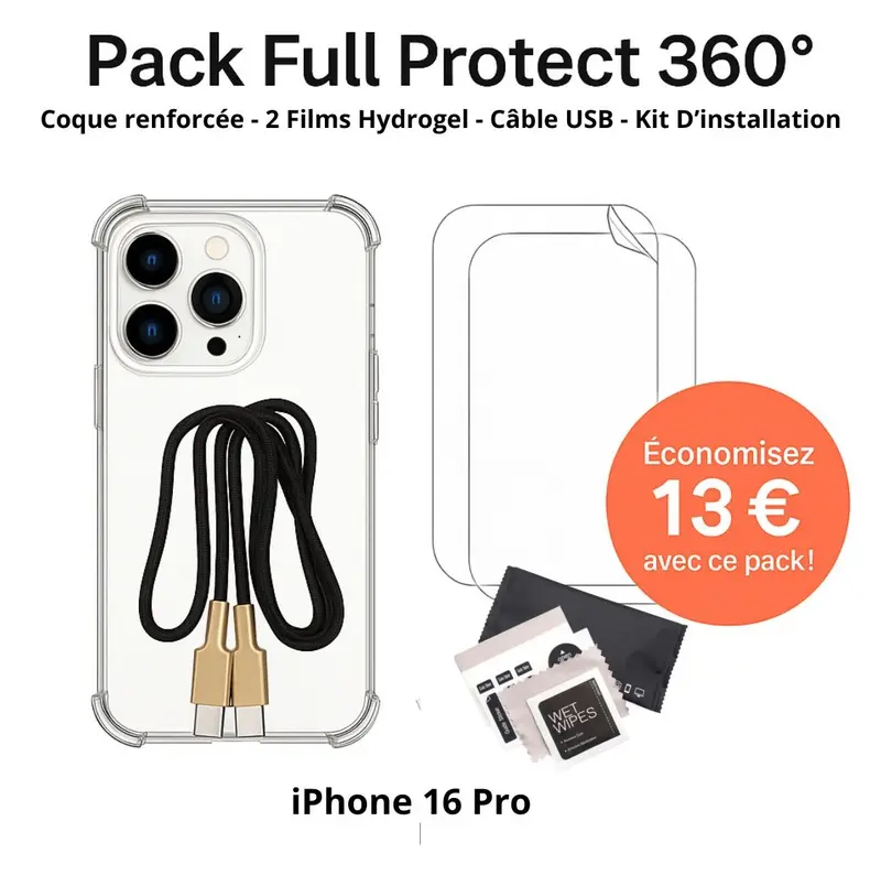 Pack Full Protect 360° – iPhone 16 Pro (Coque Renforcée + 2 Films Hydrogel + Câble + Kit d'Installation)