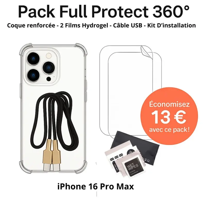 Pack Full Protect 360° – iPhone 16 Pro Max (Coque Renforcée + 2 Films Hydrogel + Câble + Kit d'Installation)