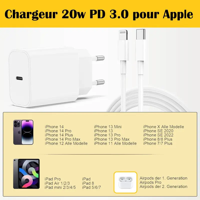 PH26 Chargeur Rapide 20W + câble lightning Compatible pour avec Iphone XR (Pack Chargeur + Cable 1M)