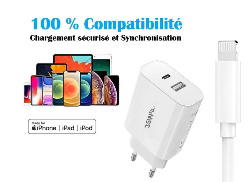 PH26 Chargeur USB-C 35W compatible avec Iphone X, 2 Ports PD 3.0 QC 3.0 Chargeur mural Ultra rapide
