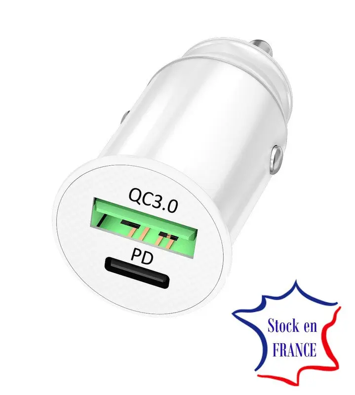 PH26 Chargeur Voiture Allume-cigare compatible Iphone 12 Pro Max Ultra-compact et puissant USB vers USB Type C Charge Rapide 30W PD & QC 3.0 - 2 Ports pour charger 2 appareils simultanément