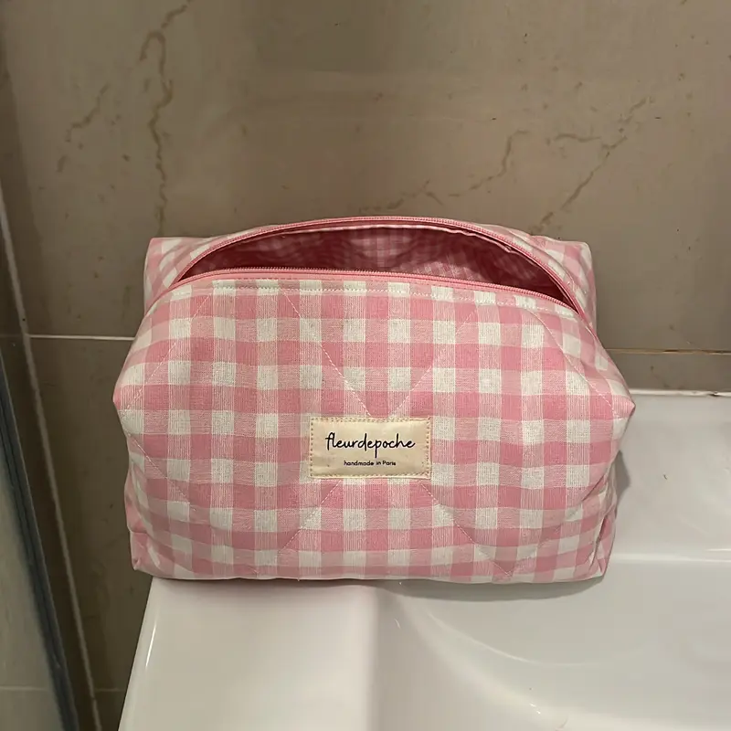 Pink gingham makeup bag