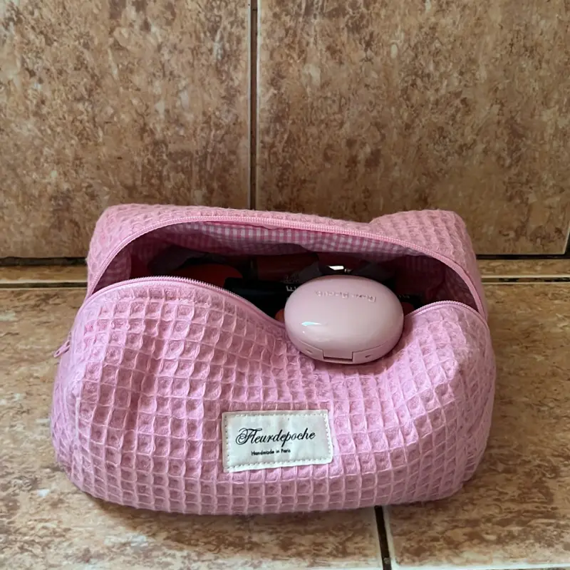Pink waffle makeup bag