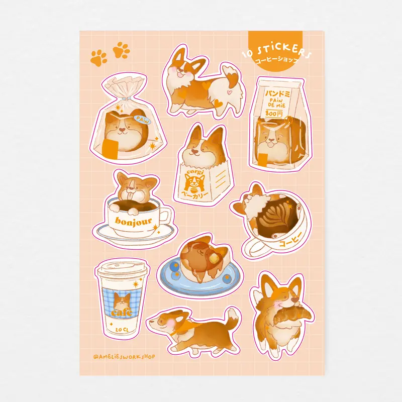 Planche de 10 stickers Corgi café