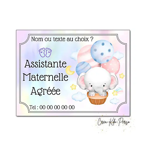 Plaque Assistante Maternelle Agréée Personnalisée – Modèle Éléphant et Ballons Colorés