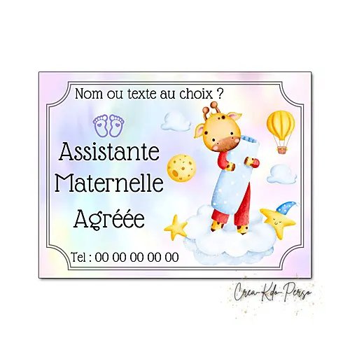 Plaque Assistante Maternelle Agréée Personnalisée – Modèle Girafe et Crayon d'Éveil