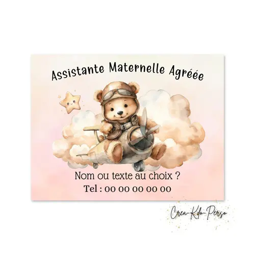 Plaque Assistante Maternelle Agréée Personnalisée – Modèle Ourson Aviateur