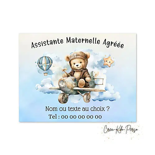 Plaque Assistante Maternelle Agréée Personnalisée – Motif Ourson Aviateur Bleu