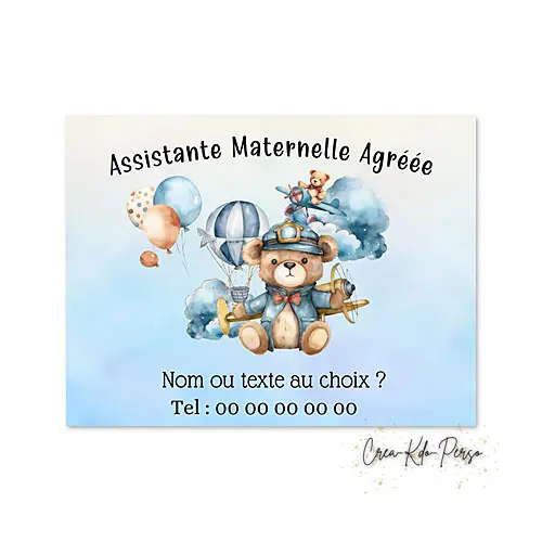 Plaque Assistante Maternelle Agréée Personnalisée – Motif Ourson en Peluche Classique