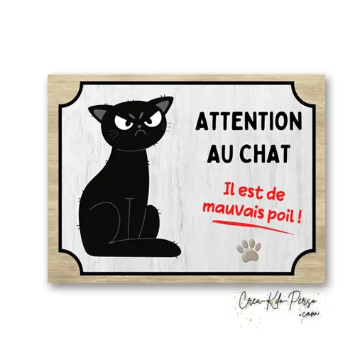Plaque Attention au Chat Mauvais Poil | Déco Humour Chat Noir Aluminium