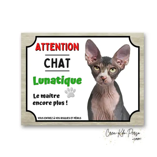 Plaque Attention Chat Sphynx Lunatique | Déco Humour Aluminium