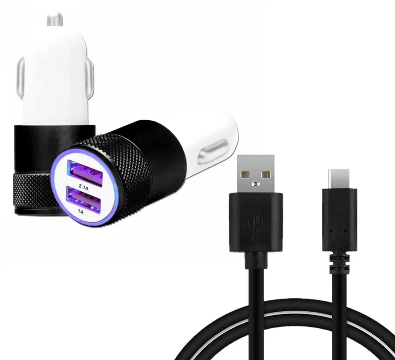 Super Pack Chargeur Auto + Câble compatible Motorola Moto G Power 5G 2024 Chargeur Auto Ultra Puissant et Rapide 2X USB 5V / 2,1A + 1A et Câble USB type C 1 Mètre Transfert de données - NOIR