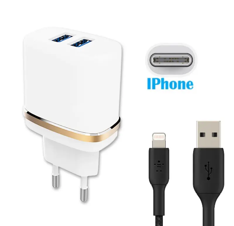 Super Pack Chargeur + Câble pour Iphone 12 mini Chargeur Mural Ultra-Puissant et Rapide 2X USB 5V / 2,1A + 1A et CÂBLE Type C Tressé Nylon 1,3 Mètre Transfert de données, Câble Type C - Noir