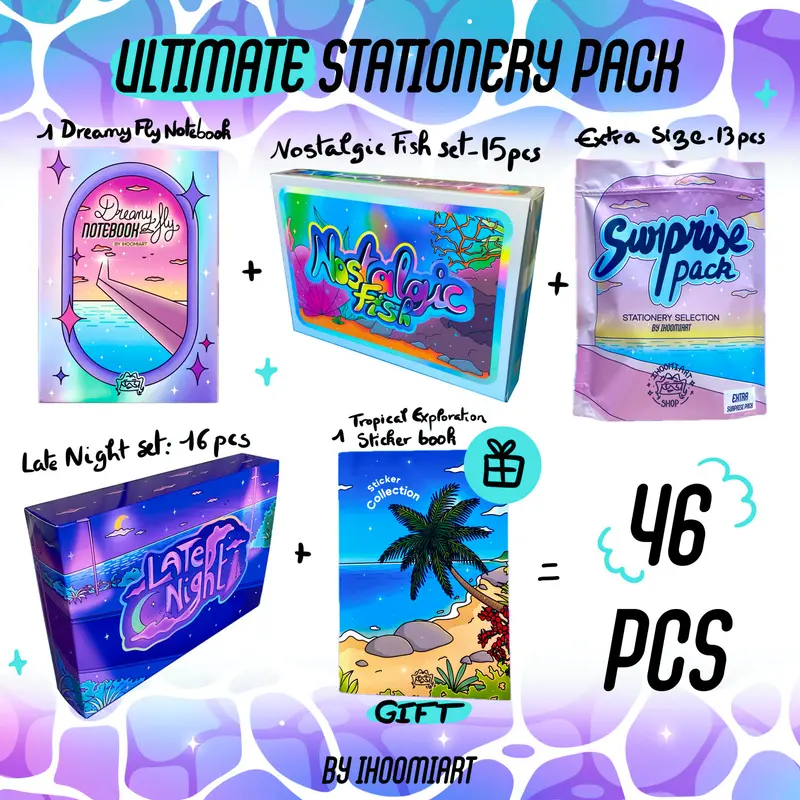 Ultimate Stationery Discovery Pack – 46 pieces | 3 Boxes + Mystery Bag + Free Sticker Book | ihoomiArt