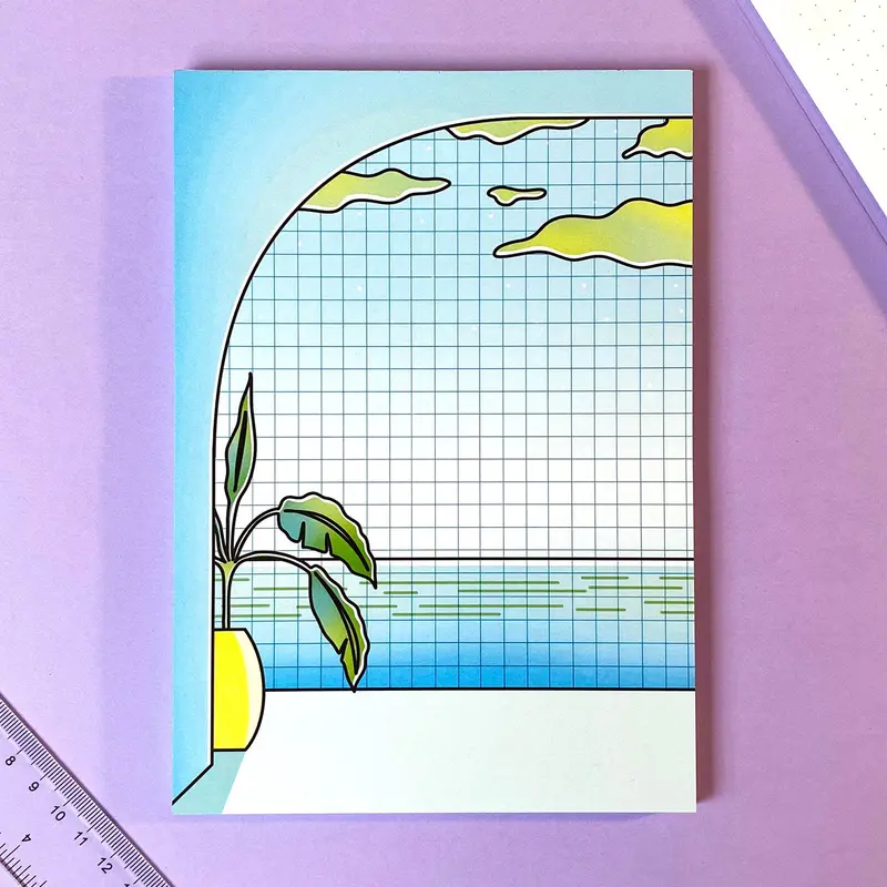 Vaporwave A5 Notepad | Paradise landscape calm and ocean view| Blue & Green